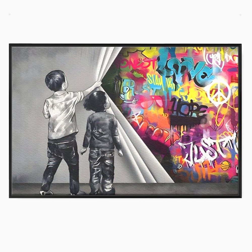 Tablou canvas cu tablou canvas cu copii si perete grafitti, in rama de aluminiu negru